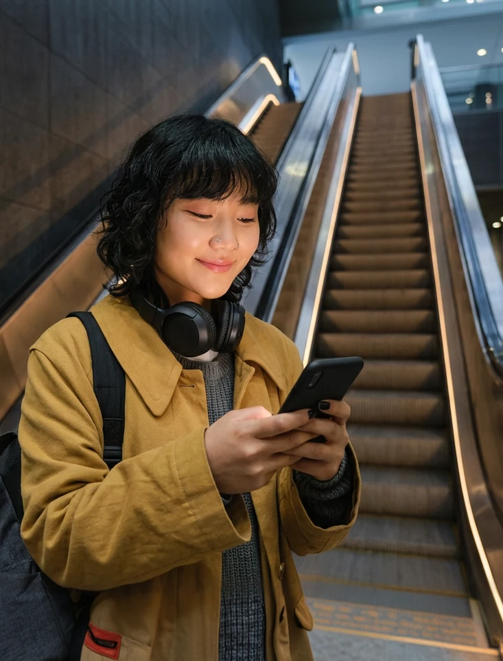 A young commuter looking at their phone by an escalator