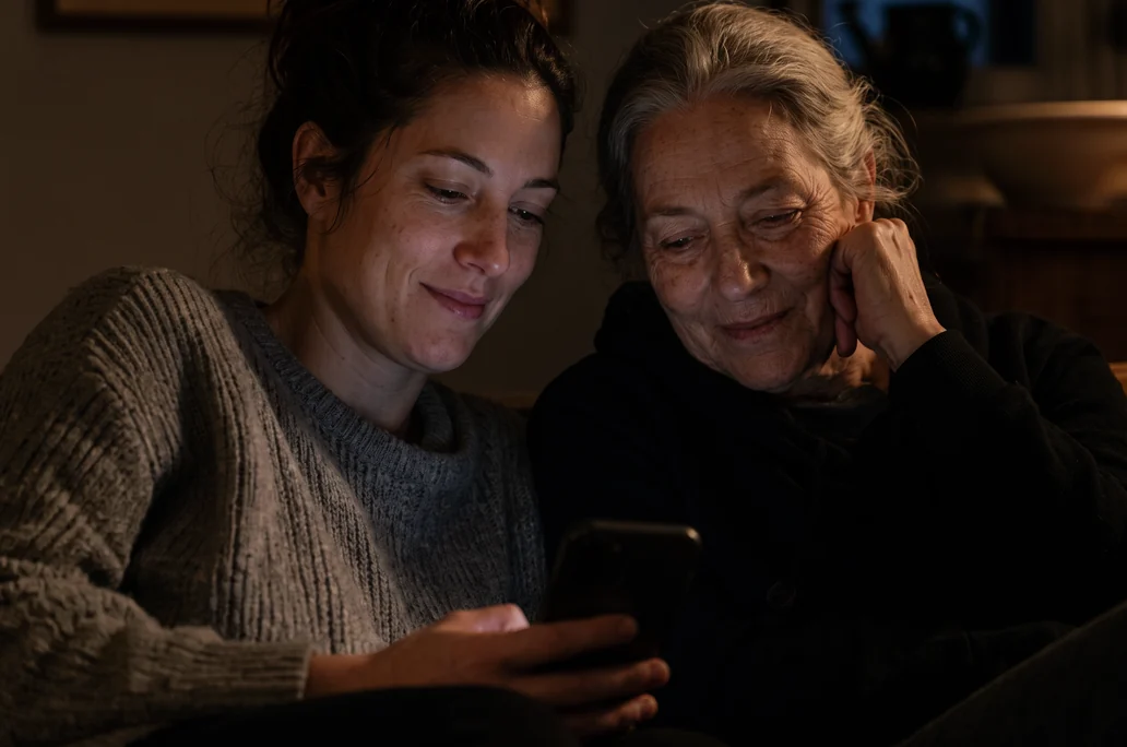 Two women looking at a phone together at home