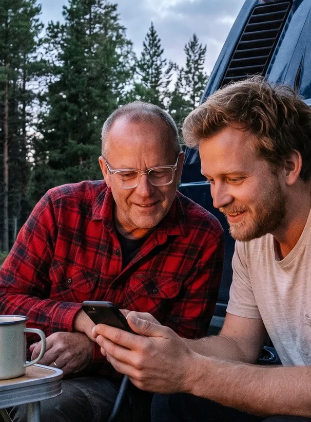 A father and son looking at a phone together outdoors