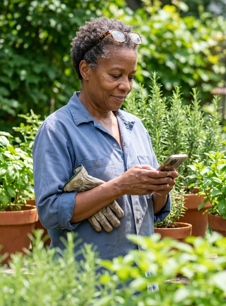 An older woman in her garden, checking her phone